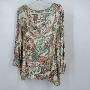 Chicos Womens Lagenlook Paisley Boho Top Size 3 US XL Earth Tone Patchwork Print